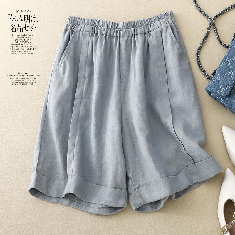 Real Shot Summer New Cotton and Linen Literary Large Size Thin Elastic Waist Loose A-shaped Wide-leg Shorts Women