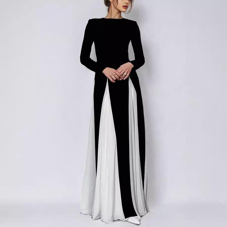 Abito Maxi Patchwork da Donna Manica Lunga Svasato Fluido Bodycon Vita Alta Linea A Abito da Sera per Donna Ospite di Matrimonio Abiti Lunghi Formali