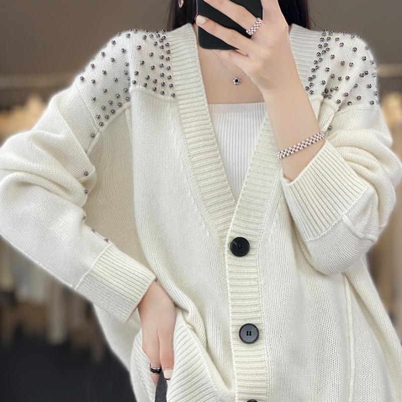 V-Ausschnitt Strickjacke aus Wolle für Damen im Herbst und Winter Koreanischer Stil Pullover Modisch und vielseitig Lässiger Stil Kaschmirjacke Oberteil