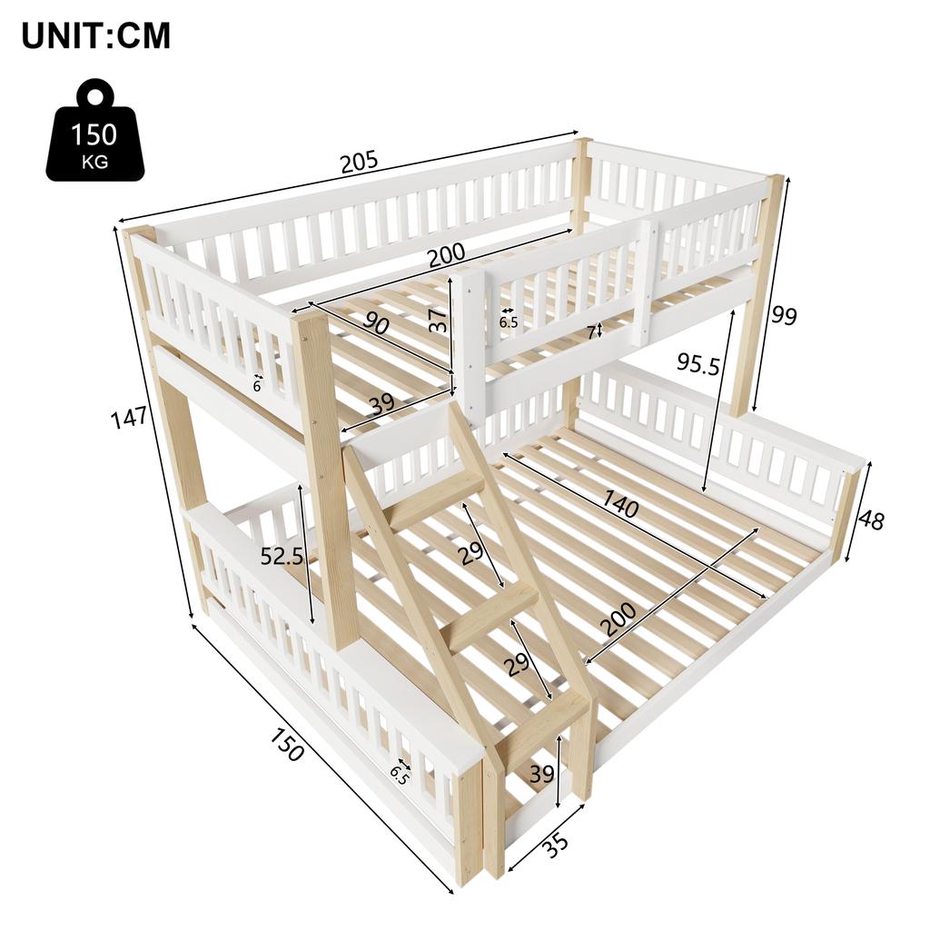 Bunk Bed, 90x200cm+140x200cm, Ladder, Bed Guard Rail, Simple Style, without Mattress, White + Natural
