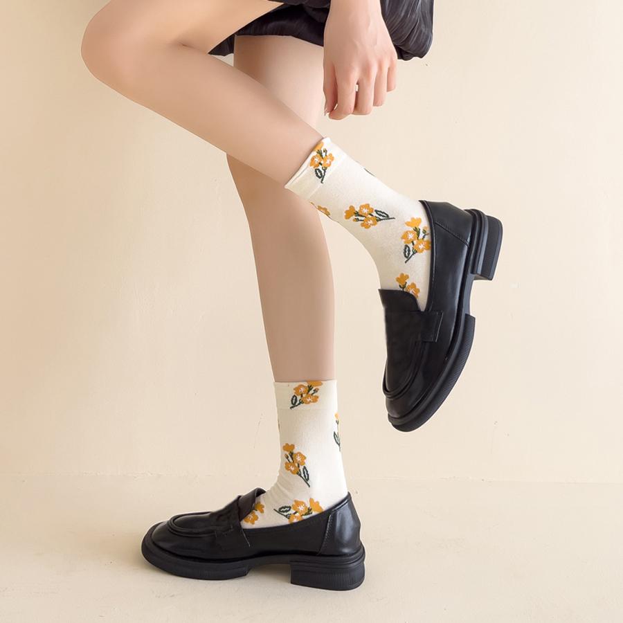 5 Pairs Pack High-quality Women's Cotton Socks With Trendy Floral Print Pattern Mid Length Socks For Woman Autumn And Winter
