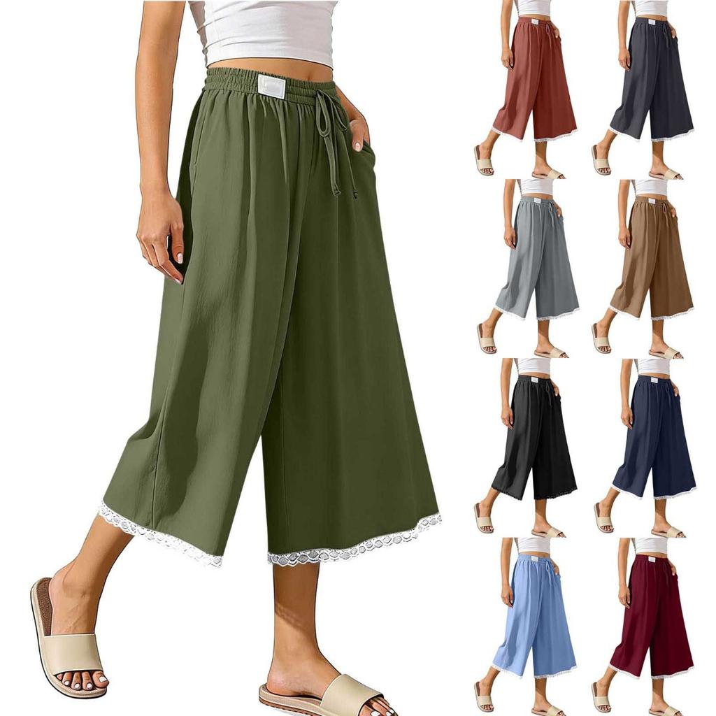 Summer Casual Loose Wide Leg Cropped Pants, Fashion Breathable Beach 7/8 Trousers for Women, Crossbody Apparel for Europe USA