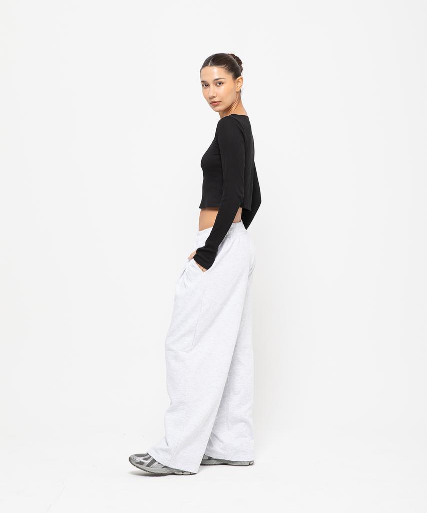 CHAMBROS Point Logo Pintuck Wide Sweatpants [White Melange]