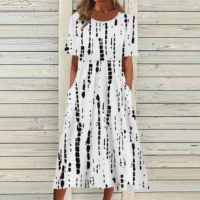 Cheap Summer Dress Women O Neck Pocket Casual Print Mini Dresses For