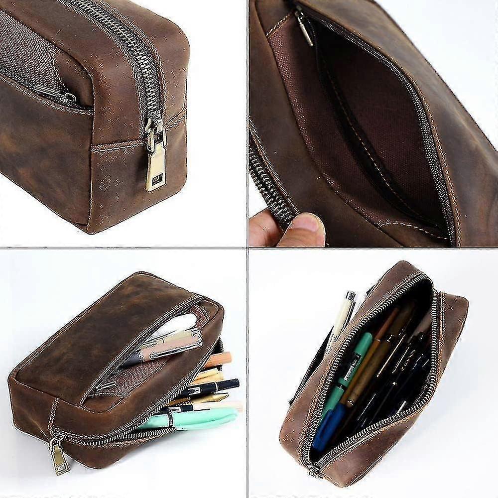 Leather Pencil Pouch Case,zippered Pen Pencil Holder Can Hold 80 Pens For School Office - CHUNC