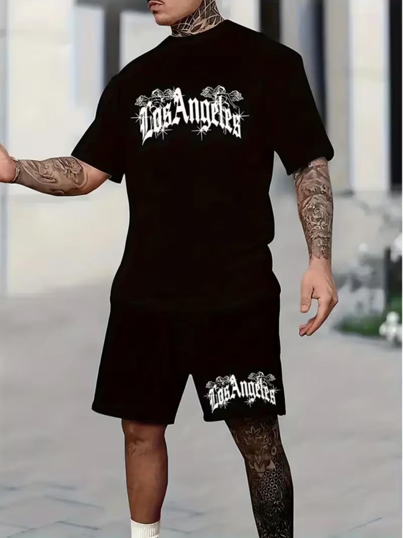 Summer Men Printed Short Sleeve Shorts Fashion Sportswear Set S