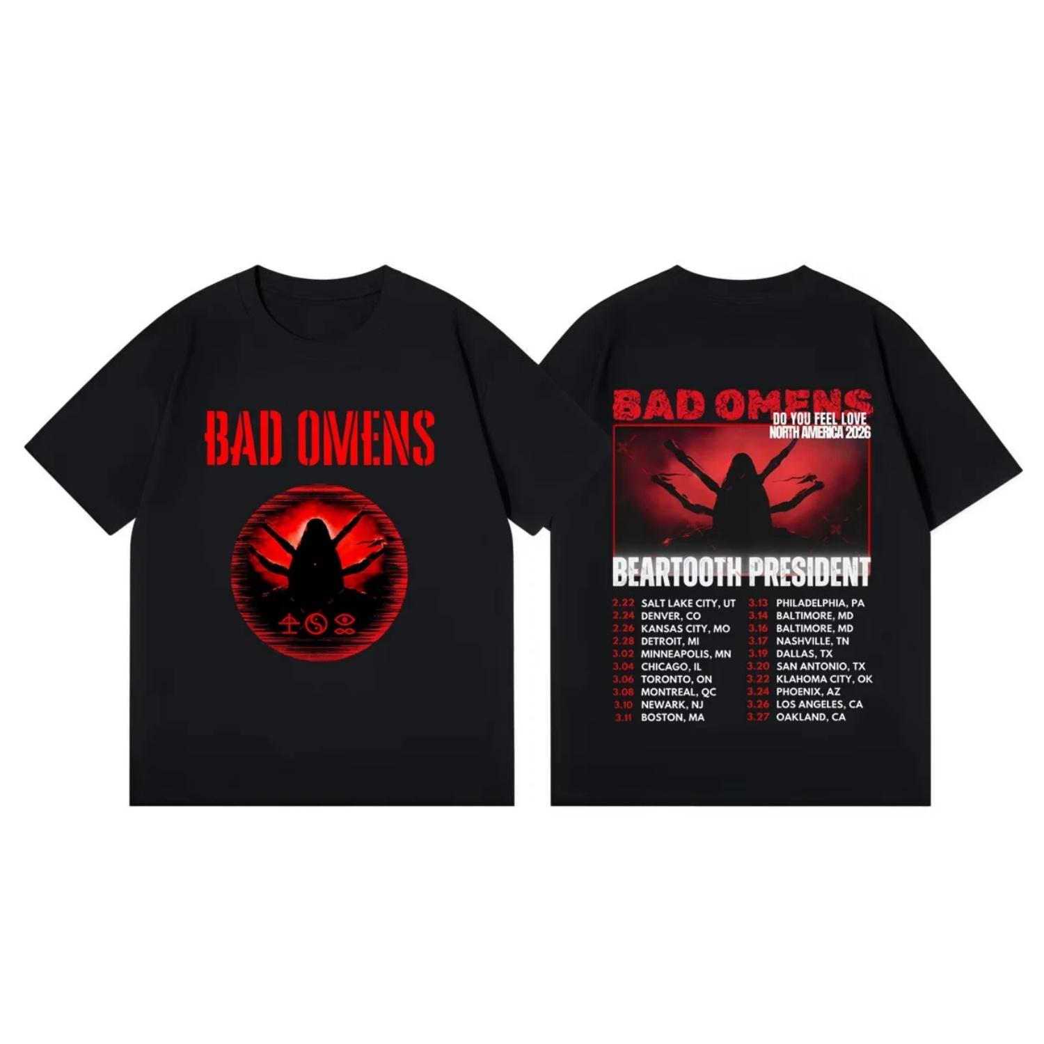 

Bad Omens Футболка с принтом Do You Feel Love Tour 2026 Мужская и Женская Летняя Готическая Одежда Мода Хип-хоп Круглый Вырез Короткий Рукав Топ S чёрный