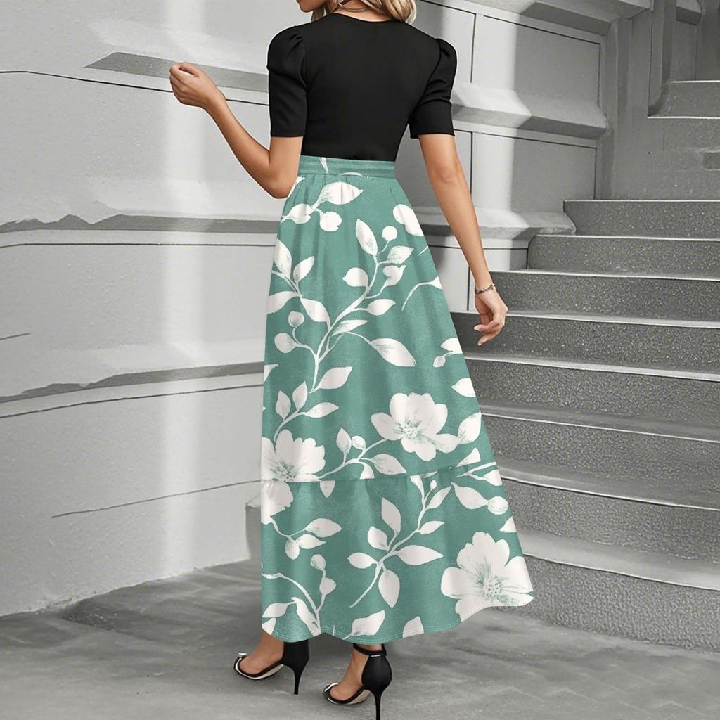 Women's Elegant Fashion Floral Print Belted Short Sleeve Round Neck Splicing Casual Dress