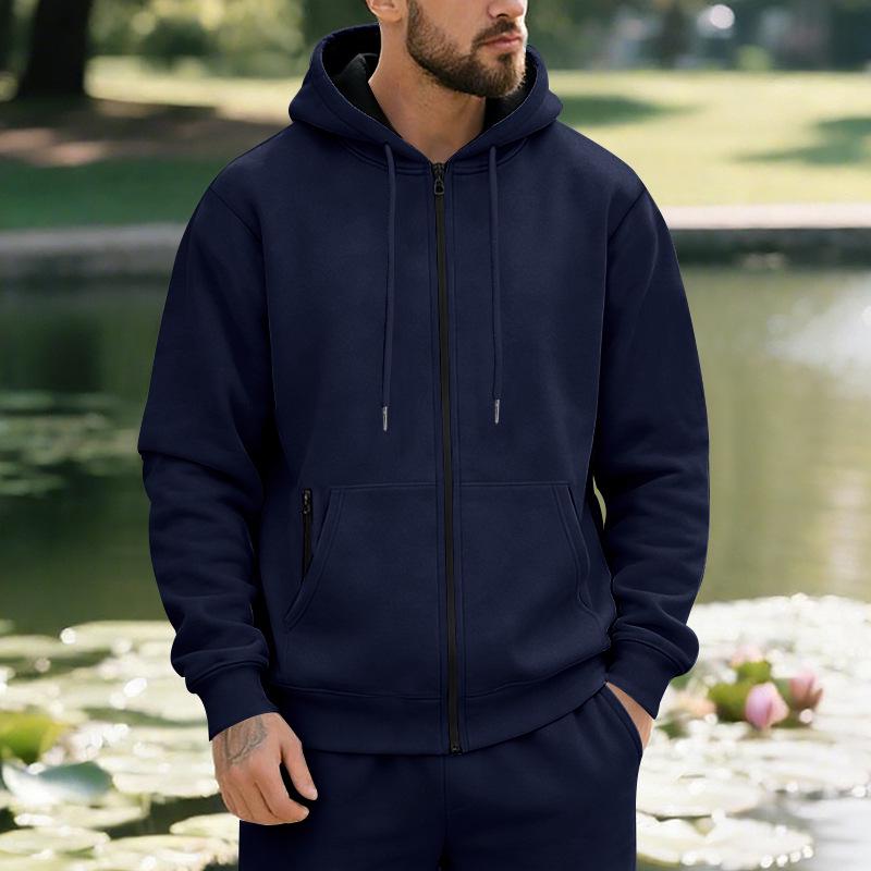 

Men s Plus Velvet Solid Color Casual Sports Hoodie for Fall/Winter M темно-синього кольору