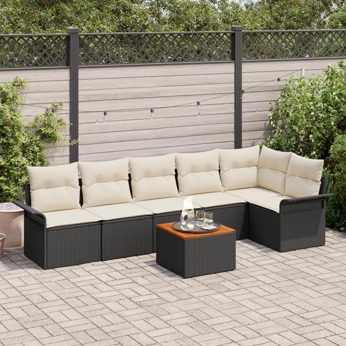 VidaXL Ensemble de canapé de jardin 7 pièces avec coussins noir Poly Rattan Acacia 3347334
