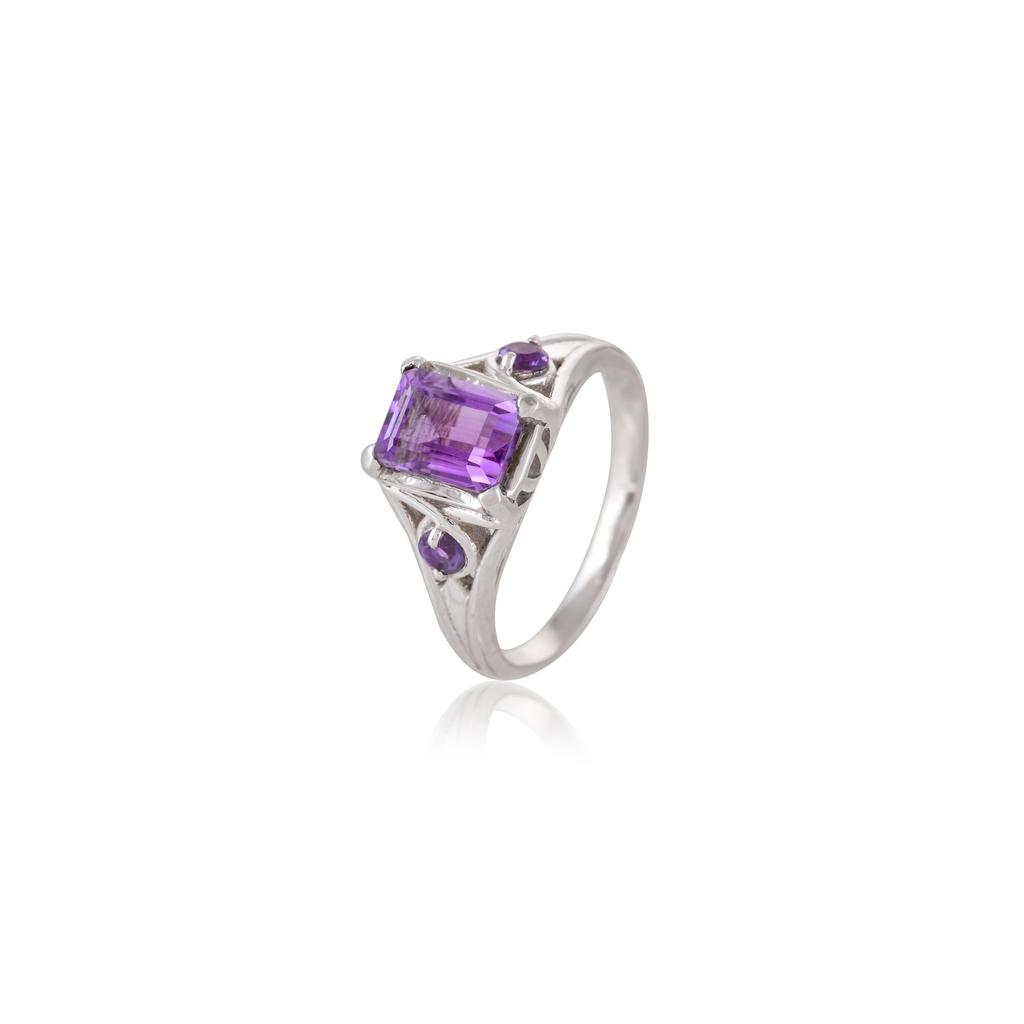 Minimalist Amethyst Ring: Sterling Silver Three Stone Design