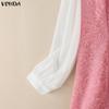 VONDA Women Casual Bow Knot Neck Long Sleeve Lace Crochet Patchwork Elegant Ruffled Dress