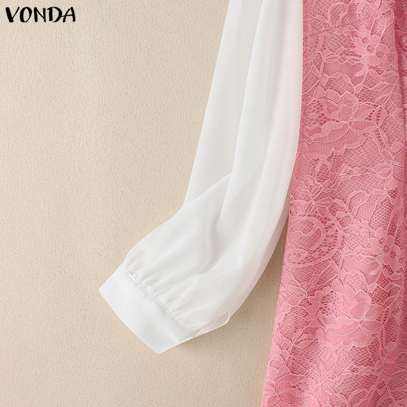 VONDA Women Casual Bow Knot Neck Long Sleeve Lace Crochet Patchwork Elegant Ruffled Dress