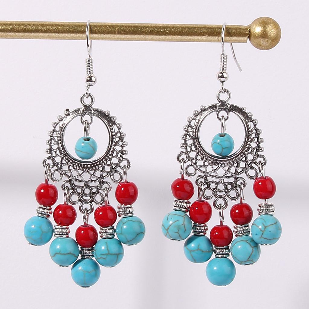 Turquoise Ethnic Simulation Beaded Earrings With Silver Filigree For Wear Daily