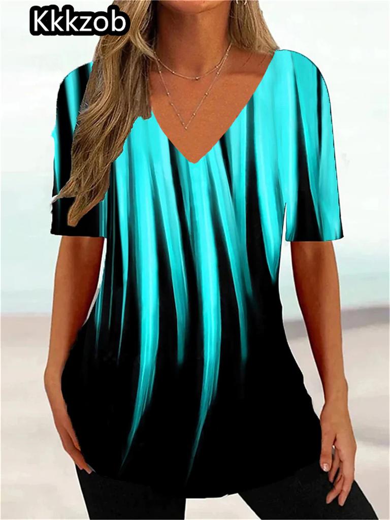 Modny T-shirt z nadrukiem kwiatów 2025 Damski z krótkim rękawem Bluzki Casualowy T-shirt z dekoltem w serek Lato Damska odzież uliczna Oversize Damski pulower