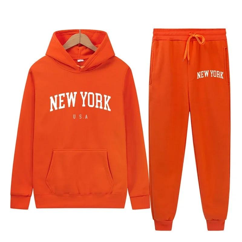 New York Letter USA City Hoodies + Hosen 2-teiliges Set Damenmode Sweatshirts Damen Casual Kapuzenpullover Sportwear-Anzug