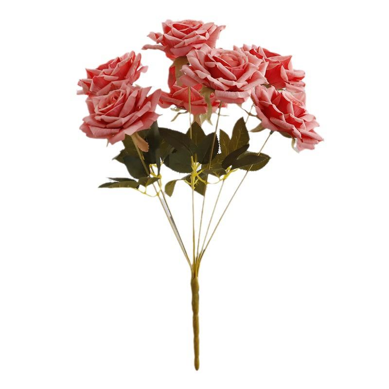 7-Head Embossed Cappuccino Rose Bouquet: Artificial Wedding Car Decoration with High-End Feel