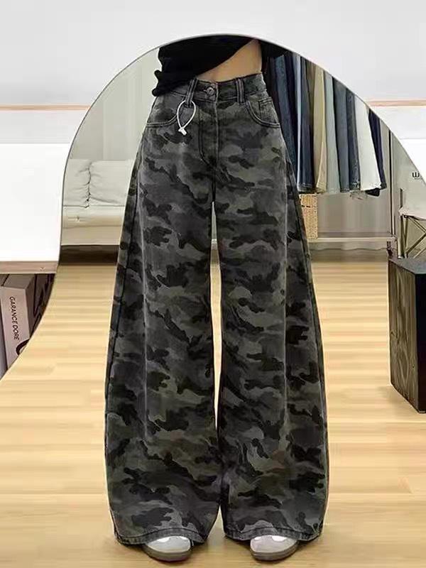 

Жіночі джинси з високою посадкою, камуфляжні, широкі штанини - Ретро стиль Гонконгу, вільний крій, довжина до підлоги, що роблять стрункішою M
