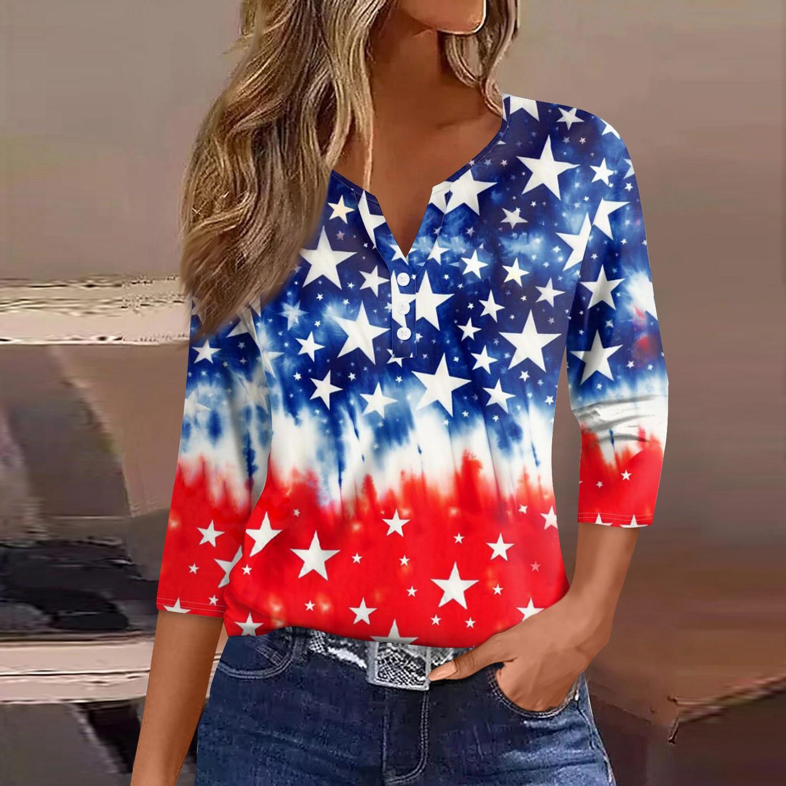 

Женская повседневная футболка с принтом «День независимости» с V-образным вырезом, рукавом 3/4, декорированной пуговицами XL