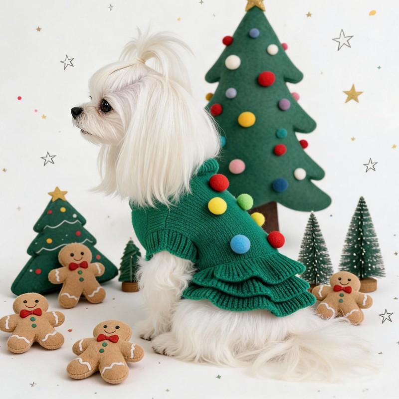 Pet Knit Sweater Dress With Christmas Tree Colorful Pom Poms Warm Winter Outfit Small Dogs Cats