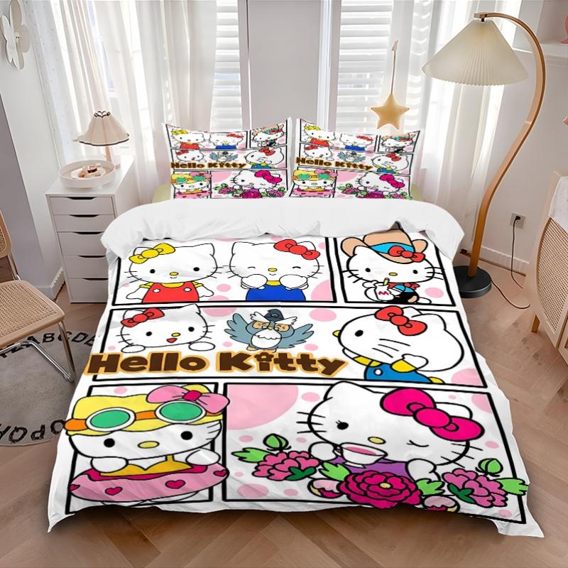 3pcs Hello Kitty Collection Quilt Set Cartoon Themed Bed Quilt Set Lovely Character Bedroom Decor Bed Quilt Set Four Seasons (1 Cover + 2Pillowca