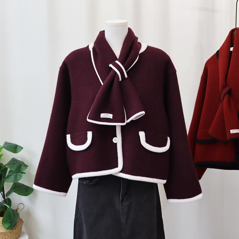 With scarf knitted double-sided cardigan autumn and winter new temperament design sweater jacket women