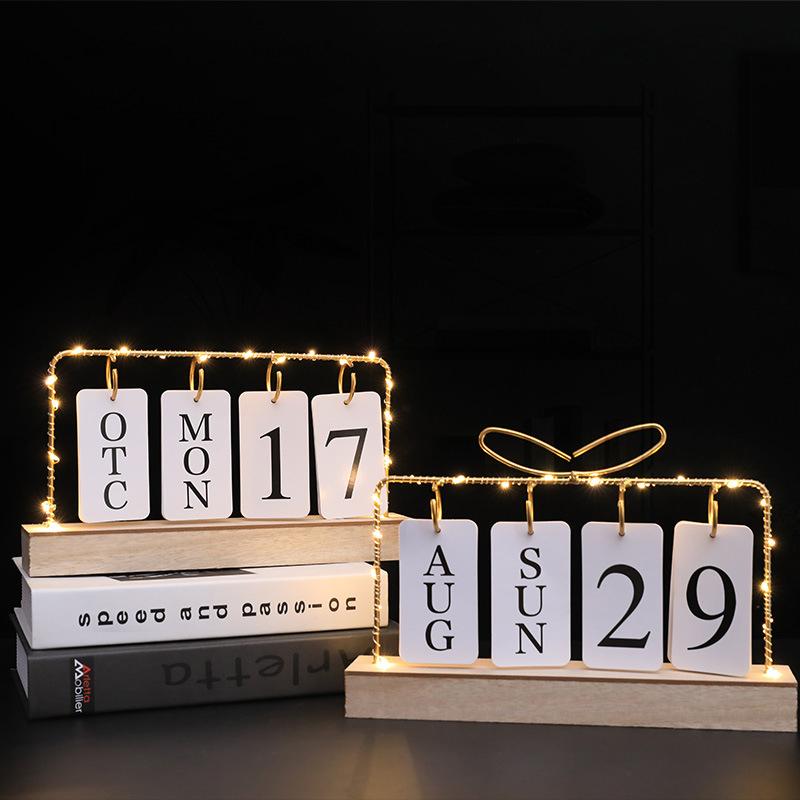 Flipkalender med lys til skrivebord Træ Evig Kalender til Skrivebord Med Måned Dato Visning Skrivebordskalender til Hjemmekontor Indretning