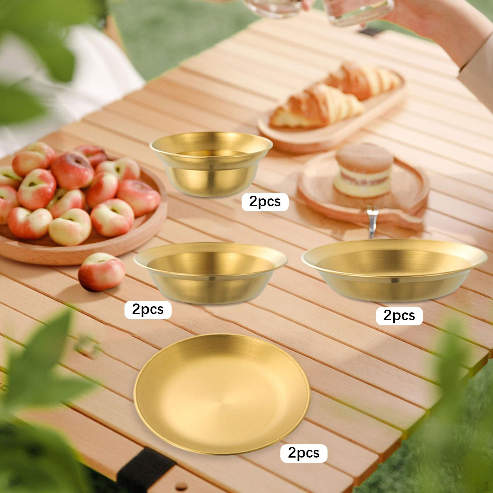 

Metal Plates And Bowls for Outdoor Dining, Portable Dinnerware Set Camping BBQ 8PCS Gold