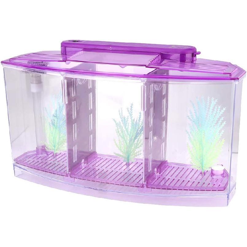 Three Areas Small Aquarium, Transparent Fish Tank, Desktop with Water Change Valve with LED Light for Betta Small Fishes(Purple)