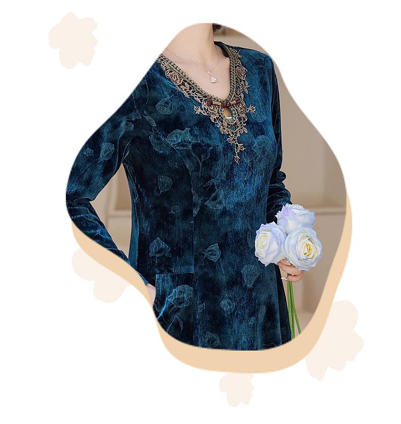Elegant Slimming Dress for Middle-Aged Women - Flattering Long-Sleeve, Midi-Length Skirt, Stylish High-Grade Mother's Wear