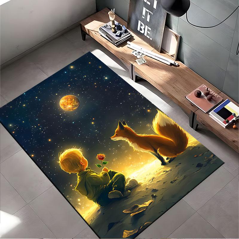 Boy and Fox Under Starry Sky suitable as a non-slip mat for the living room or bedroom sofa