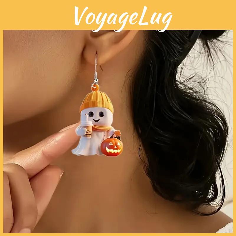 Halloween Themed Cartoon Ghost Milk Tea Pumpkin Pattern Women Acrylic Earrings