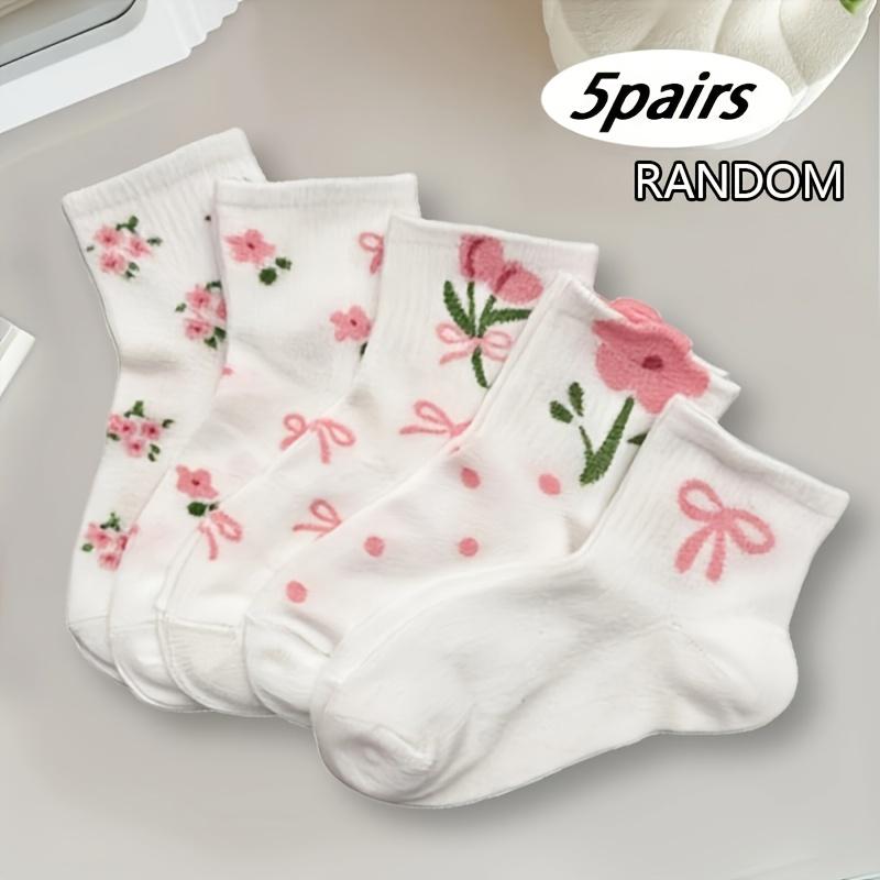 

5 Pairs Random Women s Cute Flower Bow Mid-Calf Socks, Breathable & Comfortable, For Casual, Formal & Sports Wear One-size