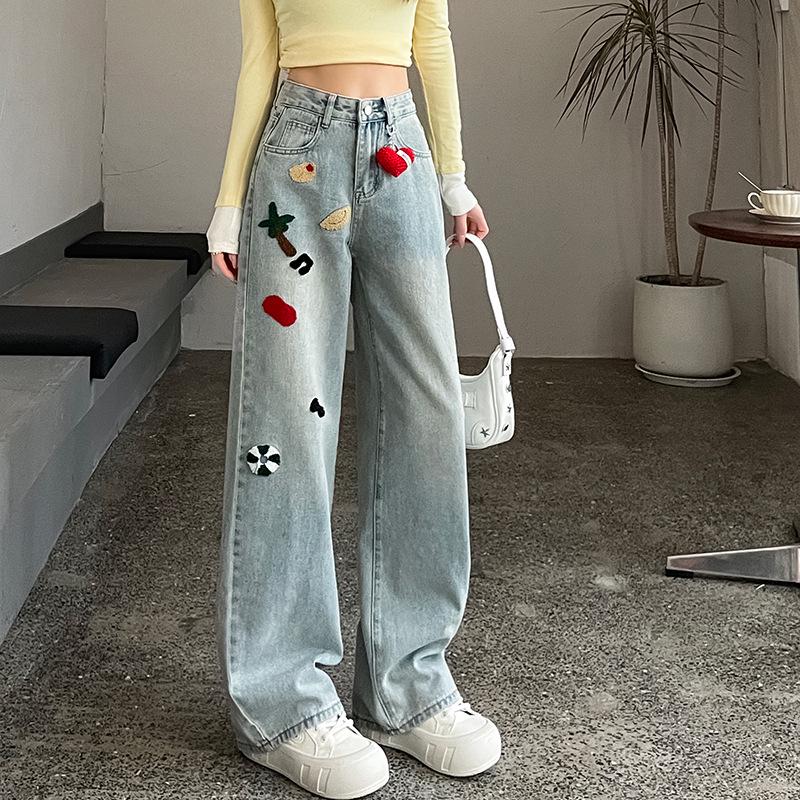 Spring 2025 Women's Embroidered High-Waist Wide-Leg Jeans - Light Color, Slimming Design