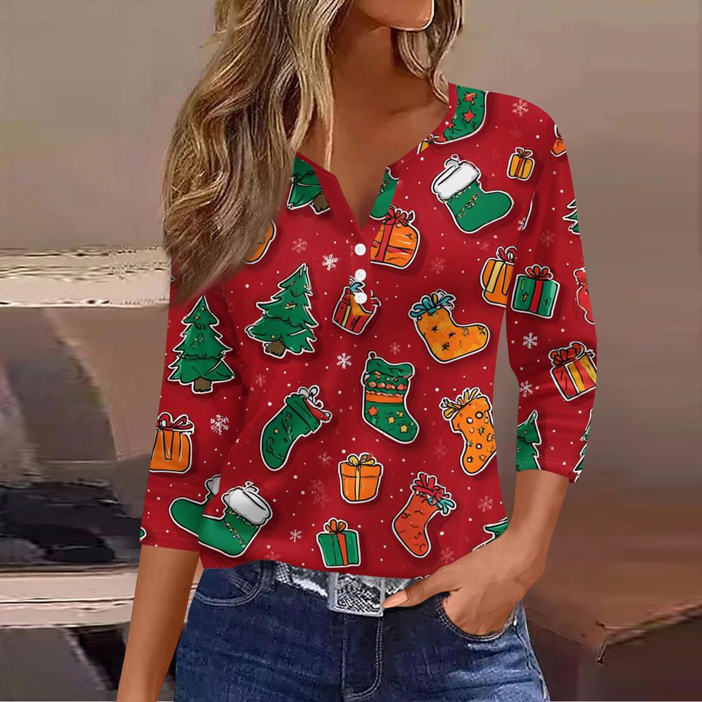 Women's Casual Fashion V-neck Loose Versatile Christmas Print Three-quarter Sleeve Top