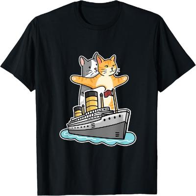 Funny Titanic Cat RMS Ship Meme Couple Jokes Men Women T-Shirt