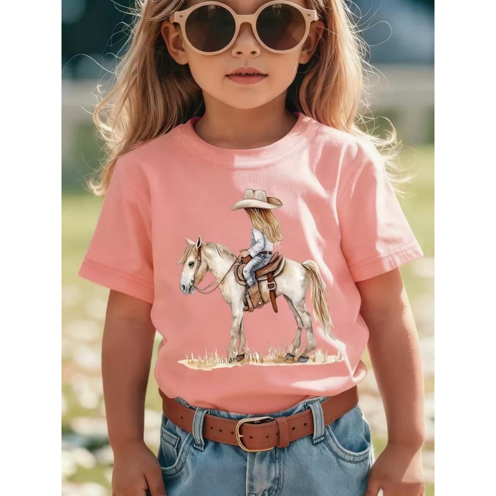Girl Clothes Cow Girl Riding Horse 3D Print T-Shirt Western Festival Casual Top Summer Short Sleeve Outdoor Children's Clothing