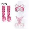 1 Set Damen-Unterwäscheset inklusive Handschuhen und Oberschenkelringen, Kettendekor, Herzdruck, G-String, ausgehöhlt, verstellbarer Kreuzgurt, Schlafzimmer, Hochzeitsnacht