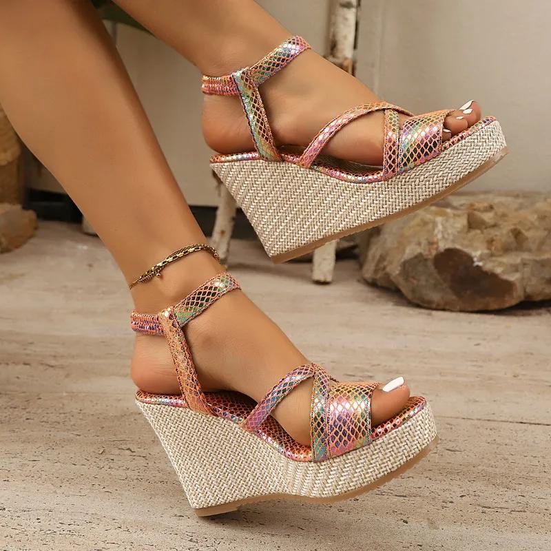 Fashion Summer New Style High Heel Sandals for Women Round Head Open Toe Waterproof Platform Anti-slip Wear-resistant Slope Heel Shoes