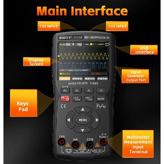 ZOYI ZT-706S 3-in-1 Automotive Oscilloscope Multimeter, True RMS with Waveform Generator, for Vehicle Repair and Electr