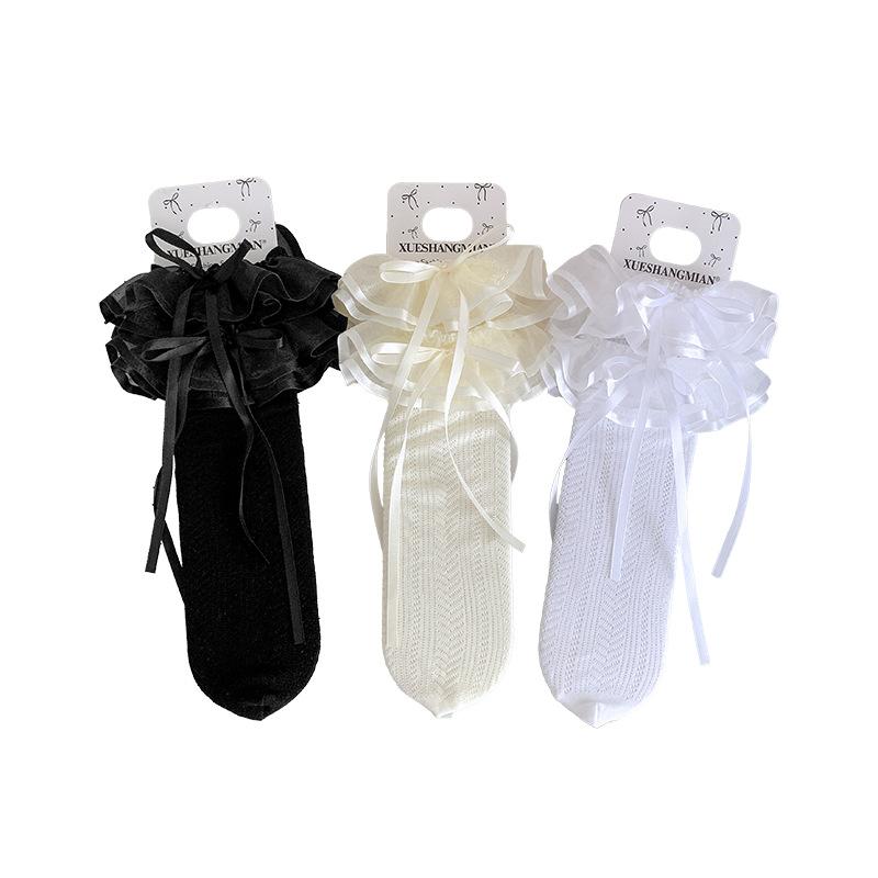 Spring and Summer Thin Lolita Lace Bow Calf Socks, Ballet-style Gauze Belt Thin White Mid-calf Pile Socks