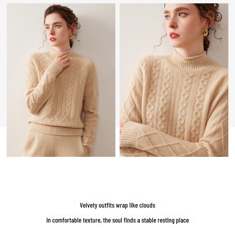 Women's Half-High Neck Cable Knit Cashmere Sweater - Diamond Pattern, Thick & Warm for Autumn & Winter