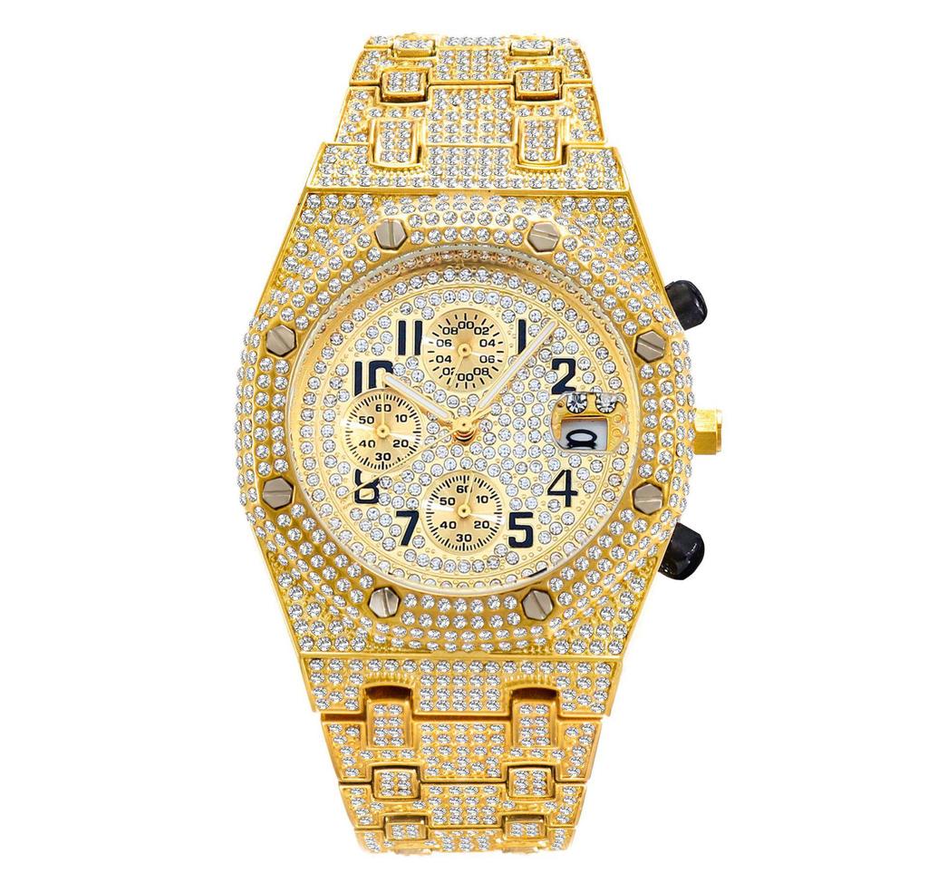MISSFOX Men's Hip-Hop Fashion Chronograph: Full-Diamond Three-Eye Small Dial Sport Watch