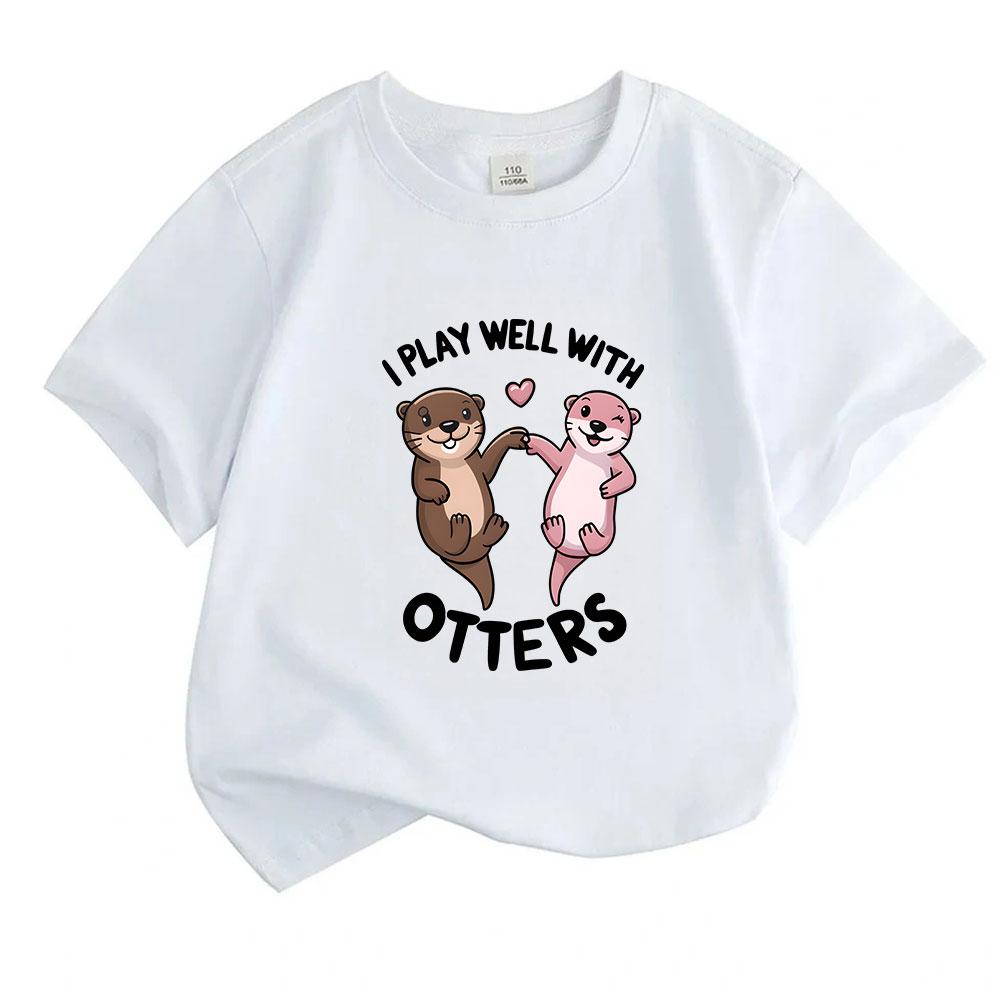 Kids Boys Girls 100% Cotton Crew Neck Short Sleeve T-Shirt Cute Cartoon Otters Couple Funny I Play Well With Otters Casual Lightweight Comfortable Gra