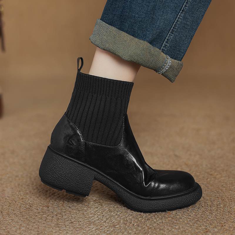Krazing Pot Sheepskin Pleated Decoration Autumn Winter Shoes Chunky Heels Size 43 Size 42 Round Toe Slip on Retro Knit Wear Ankle Boots