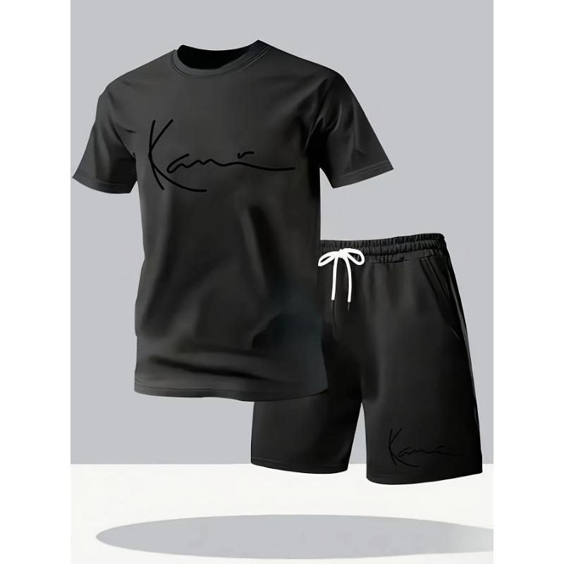 Herren Sommer T-Shirt und Shorts Set Lässige Entspannte Passform Sportliches Rundhals Kurzarm T-Shirt Paris Buchstaben Druck Zweiteiliges Set