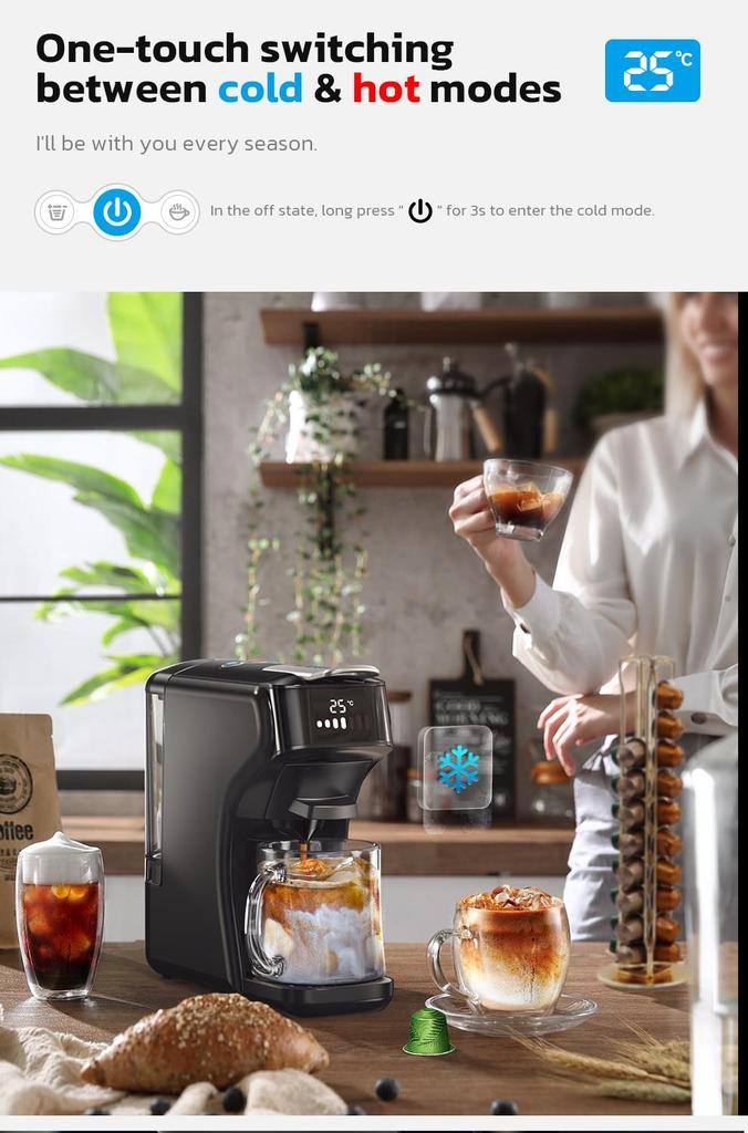 HiBREW H1B Pods Coffee Maker, 600ml Water Tank, 20 Bar Pressure Extraction, Cold/Hot Mode, LED Indicator