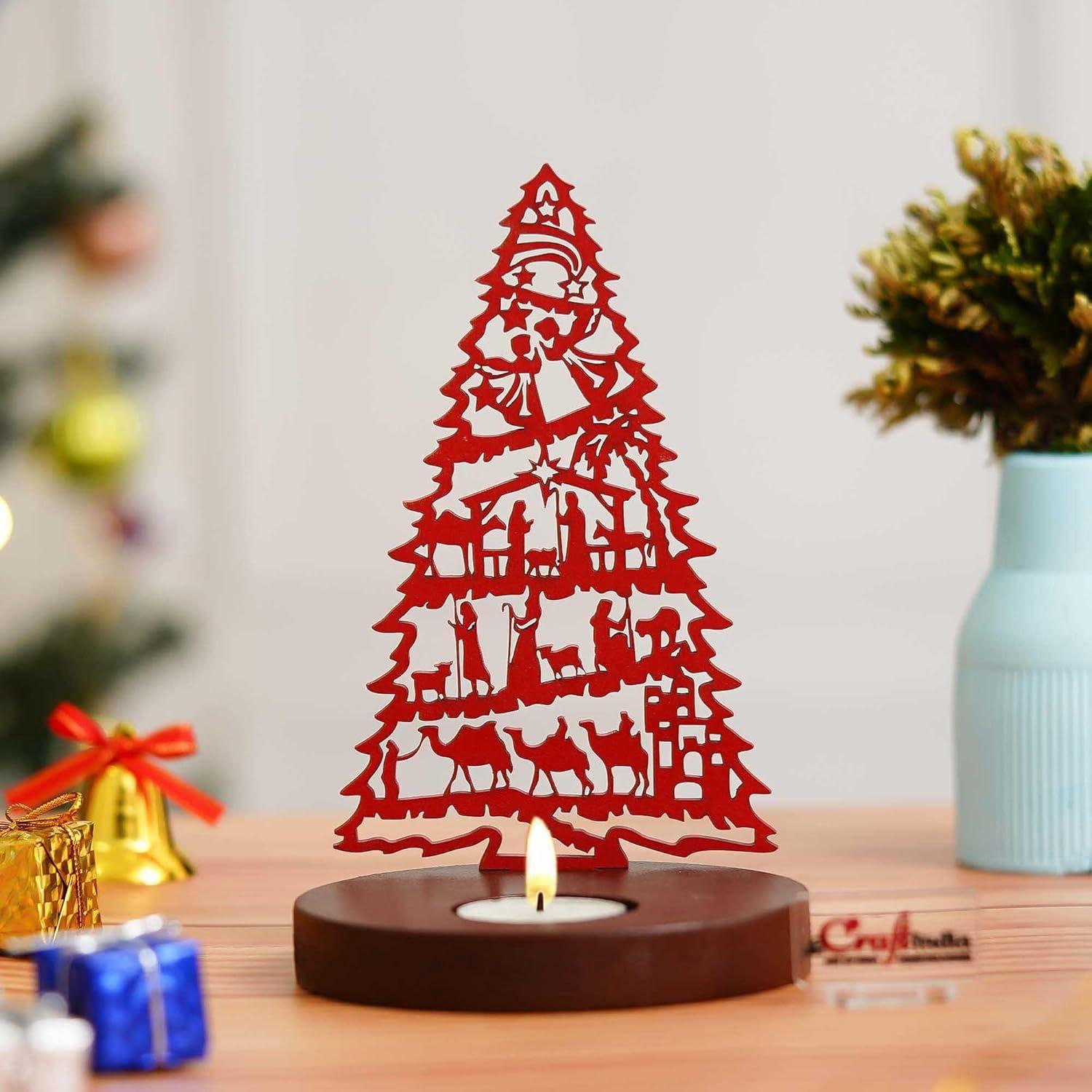 

Jesus Nativity Scene Christmas Tree Tea Light Candle Holder(Wooden Red)| Christmas Decoration Items for Home Living Room Office Decor