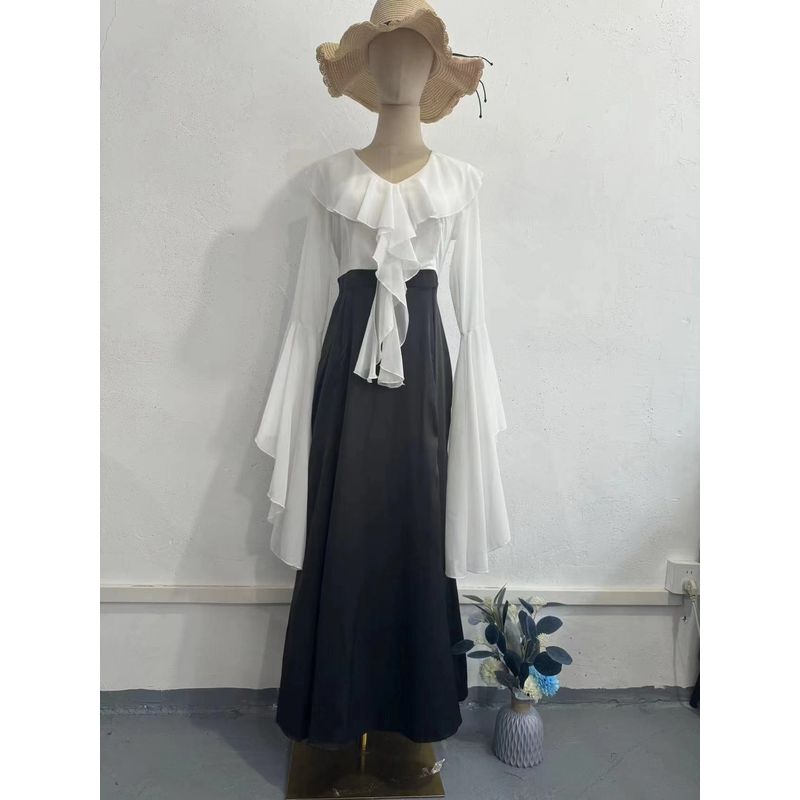 

European and American Long Lotus Leaf Sleeve Sweet Patchwork Sheath Slim dress Lotus Leaf Sleep Dress White + Black 2XL