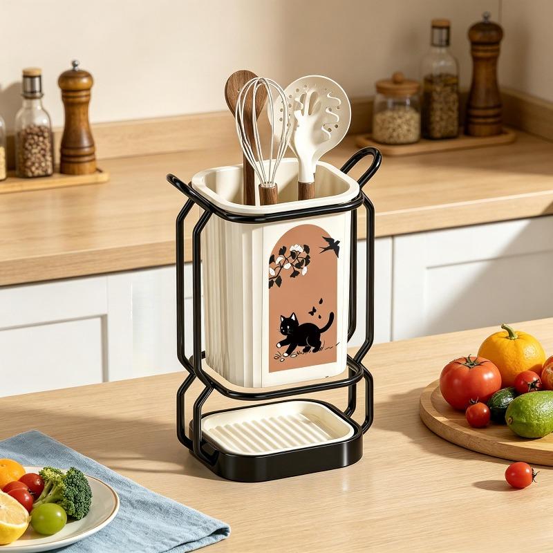 Two-tone carbon steel cutlery rack with cat print, dual installation ways and drip tray, stores knives and kitchen utensils.